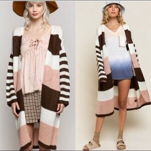POL Women's Beautiful Pink & Brown  Cardigan Sweater Open Front Size Small NWOT‎